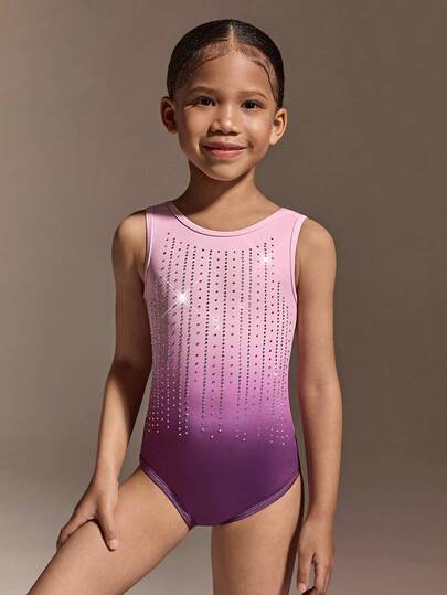 SHEIN Young Girls' Ombre Print Gymnastics Leotard, Colorful Rhinestone Decor Children's Dance Bodysuit, Fashion Vibrant Toddler Performance Outfit, Soft & Stretchy Fabric Suitable For Gymnastics, Ballet, Yoga