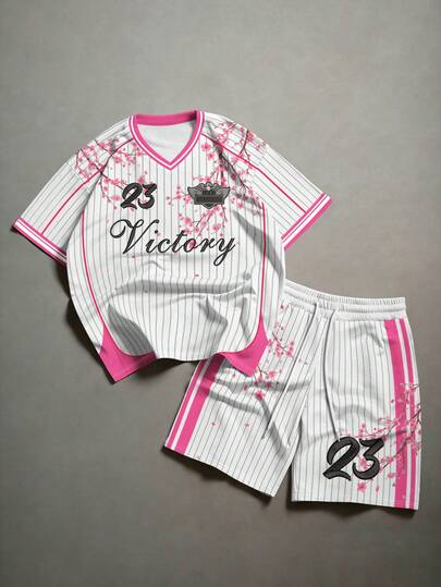 Aesthetic Post 樱花条纹棒球服套装，夏季胜利品牌运动短袖短裤两件套，情侣宽松休闲装，街头风男士短袖套装，夏季