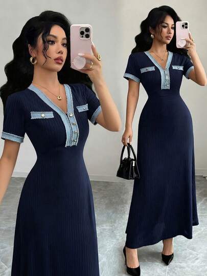 Rafferiza 女士优雅V领黑色针织蕾丝拼接长袖连衣裙