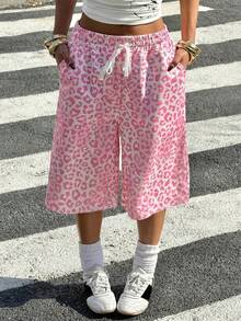 SHEIN EZwear 春夏新款休闲外出日常穿搭派对音乐节返校毕业度假街头休闲探索城市漫步多场合穿搭，可外穿或内搭，松紧腰带，抽绳设计，粉色豹纹卫衣面料5英寸短裤，大码 - 彩色 - 查看 1