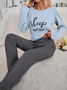 EURMUSE Bộ đồ ngủ 2 món bằng 100% cotton in hình mắt và trái tim - Màu xanh nhạt - View 5