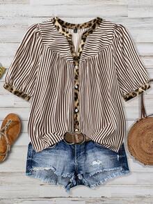 Linhara Áo kiểu tay ngắn dáng rộng, phối họa tiết sọc và da báo, thích hợp cho kỳ nghỉ, phong cách miền Tây, cao bồi, cỡ lớn, đa năng, phù hợp cho mùa xuân, hè và thu. - màu nâu - Xem 4