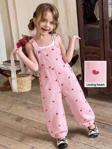 SHEIN 女童夏季蓝色牛仔连体裤，新款时尚爱心印花设计，休闲舒适柔软牛仔连体裤 - 杏色 - 查看 1