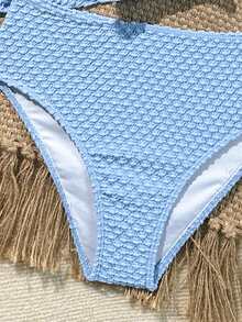 SHEIN 少女款可爱针织提花面料吊带荷叶边下摆泳衣两件套，欧美时尚精致休闲优雅女士款，适合游泳、海滩、度假、夏季穿着 - 藍色 - 查看 5