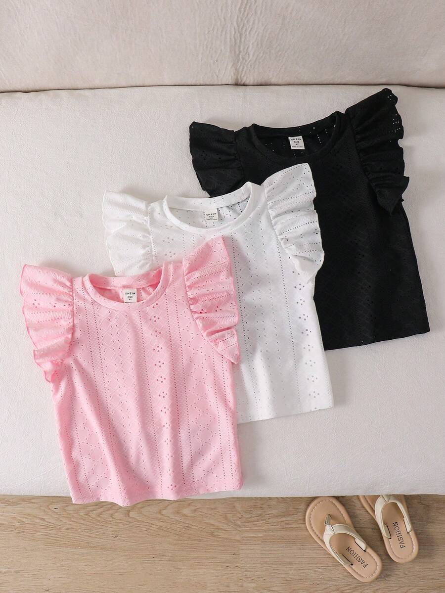 3pcs Young Girl Solid Color Round Neck Ruffle Hem Fitted T-Shirts,Kids Blouses For Girls Kids Clothes For Girl Cute Clothes For Girls Kids Clothes - Baby Pink - View 1