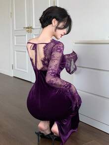 DAZY Autumn Lace Patchwork Square Neck Long Sleeve Cinched Waist Velvet Elegant Elegant Women's Mid-Length Dress - Purple - View 2