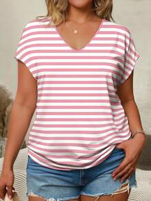 EMERY ROSE Kaos Lengan Pendek Leher V Motif Garis-garis Ukuran Besar, Kaos Lengan Pendek Wanita Ukuran Besar - MultiWarna - View 6