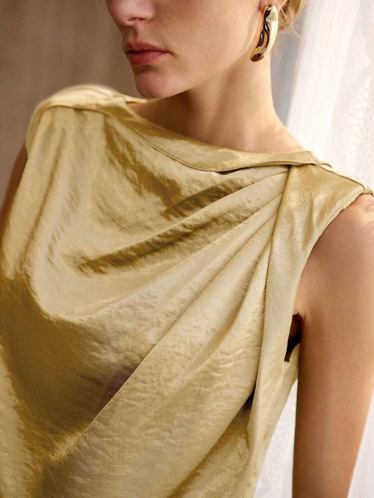 ASYMMETRIC SLEEVELESS ELEGANT SATIN DRESS, GRACEFUL FOR PARTY, VINTAGE STYLE
