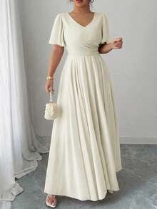 Elenzga Plus Size Women's V-Neck A-Line Chiffon Dress With Ruffle Sleeves, Elegant And Romantic - Apricot - View 4