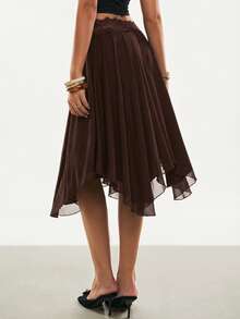 Poéselle 女士纯色蕾丝拼接不对称下摆优雅半身裙 - 棕色 - 查看 5