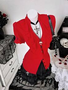 Sunspun Plus Size Mandarin Collar Ruffle Trim Casual Short Sleeve Shirt - Red - View 7