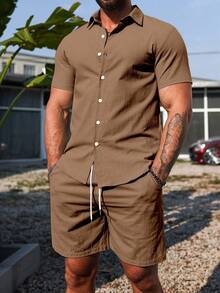 Manfinity Homme 男士纯色短袖T恤和短裤套装 - 棕色 - 查看 5