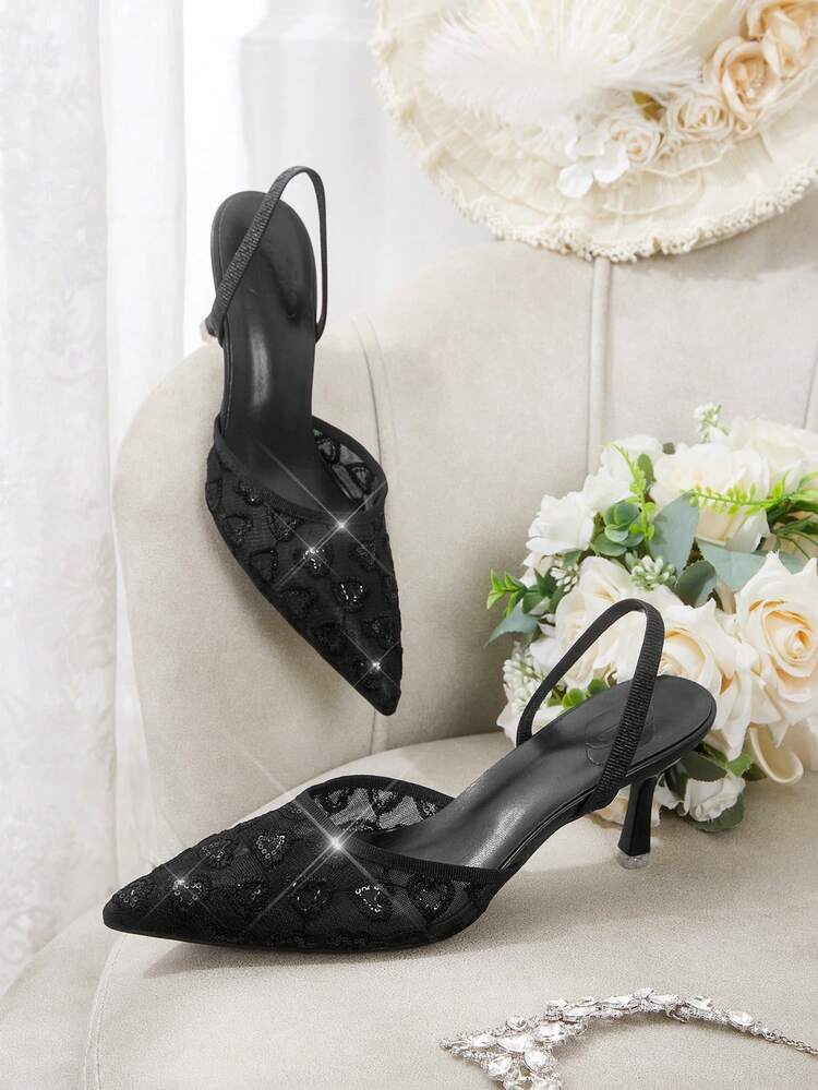 CUCCOO HITCHD Spring And Autumn Black Mesh Embroidery Pointed Tip Thin Heel Sexy Elegant Hollow Women's High Heel Shoes Summer Shoes Wedding Shoes Bride Shoes