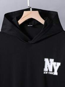Vacaura Conjunto de sudadera con capucha y pantalones cortos minimalista de contraste de color para adolescentes, adecuado para el uso diario y el deporte - Negro - Ver 7