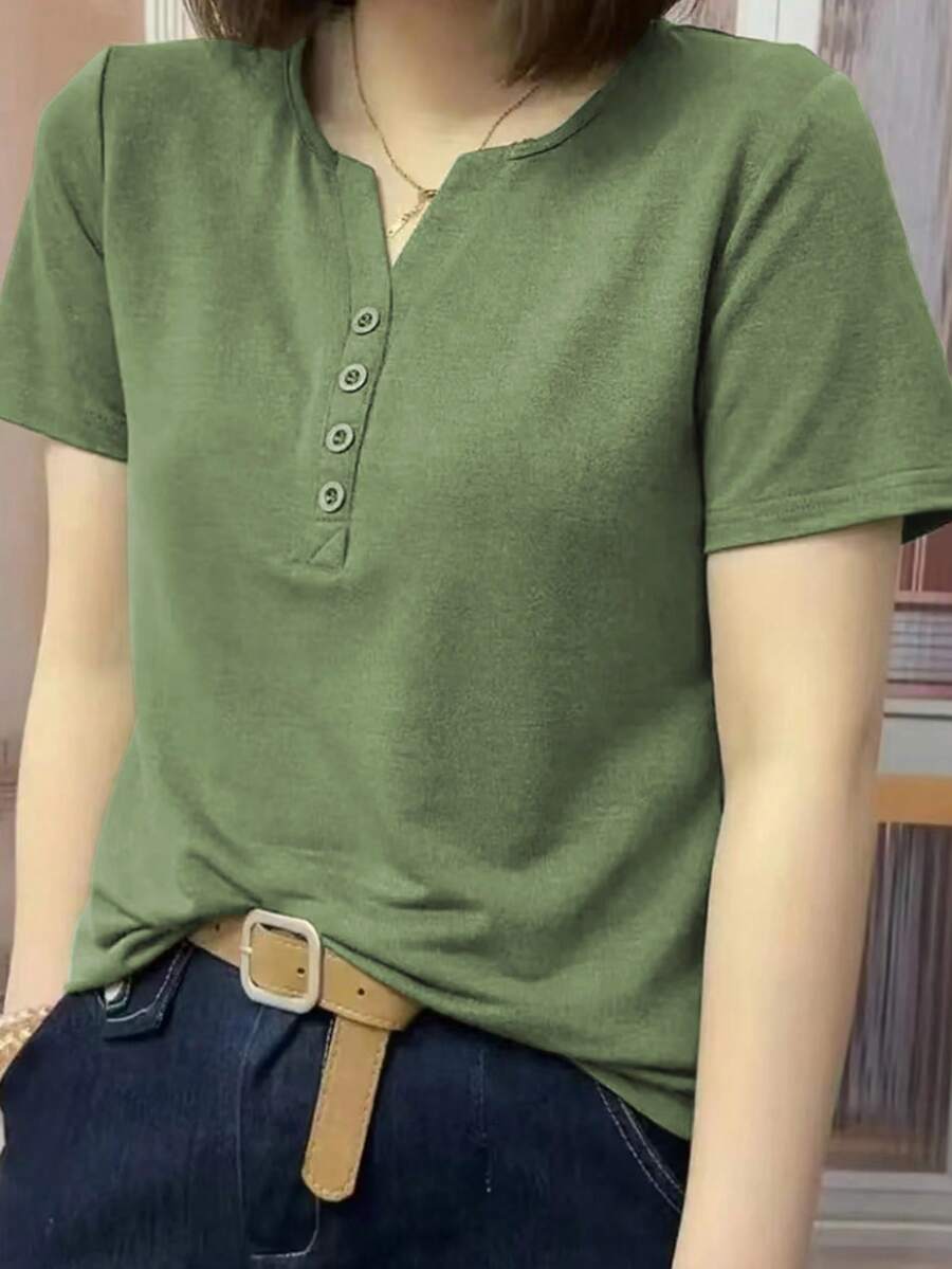EMERY ROSE Damen Lässig einfarbiges Kurzarm T-Shirt, vielseitig für den Sommer - Armeegrün - Übersicht 1
