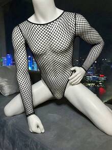 WENEZON 男士纯色圆领镂空性感百搭日常长袖连体衣 - 黑色 - 查看 4