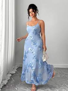 Elenzga 大码女士优雅刺绣网纱吊带裙 - 藍色 - 查看 7