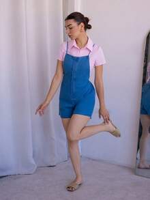 Andrea Bello Quần short denim yếm thường ngày dành cho nữ - Rửa nhẹ - Xem 6