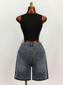 Slaydiva Quần short denim nữ kiểu dáng thường ngày, bạc màu và rách. - màu đen - Xem 3