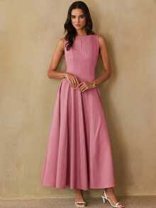 Aveloria Modichic Fashionable Design Sense Casual Commute Waist-Cinched Sleeveless Solid Color Dress - Pink - View 4