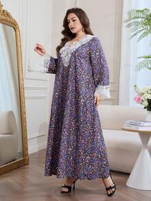 Al Najma Vestido maxi holgado de manga larga con cuello en V, con volantes y estampado floral en toda la prenda, para mujeres de talla grande, para primavera/otoño - Multicolor - Ver 3