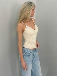 Sydney Algeri Contrast Lace Ruched Cami Top - Apricot - View 6
