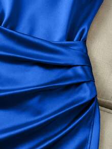 Franclia Fashionable New Glossy Mock Neck Sleeveless Ruched Waist Asymmetric Bodycon Dress For Women - Royal Blue - View 3
