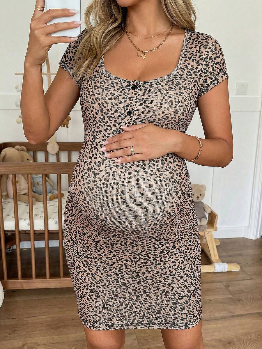SHEIN 豹纹孕妇短袖修身连衣裙 - 卡其色 - 查看 1