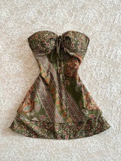 Flirla Vintage Old Money 70s Sexy Strapless Mini Vacation Dress Vacation Olive Green Summer