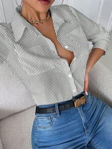 INAWLY 女士大码修身白衬衫，有领子和口袋，休闲 - 灰色 - 查看 1