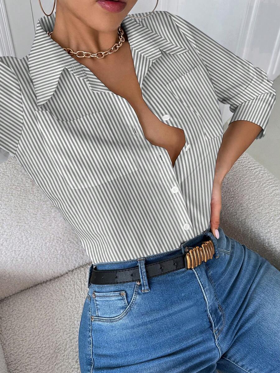 INAWLY 女士大码修身白衬衫，有领子和口袋，休闲 - 灰色 - 查看 1