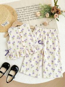 SHEIN LMoss Kids 女嬰花卉印花鈕扣設計上衣與褲子套裝 - 彩色 - 查看 5