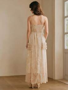 Anewsta Women's Elegant Vacation Asymmetrical Ruffle Hem Spaghetti Strap Dress - Apricot - View 9