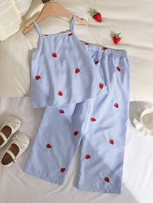 Vintaside Kids 两件套女童春夏蓝白格子印花无袖吊带背心搭配直筒裤套装，适合外出、休闲、运动、派对等场合。 - 藍色 - 查看 2