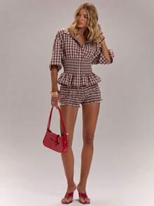 SHEIN BAE Plaid Lapel Loose Short Sleeve Drawstring Waist Button Up Top, Suitable For Summer Break, Beach Holiday Vacation, Cottage Core Boho Boho Chic, Y2K, Vacation, Work Vacation, Casual, Festivals, Outdoor, Italian Island And Other Occasions, Elegant Versatile Ruched Waist Blouse,Casual Blouses For Women,Work Outfits For Women Latest Tops For Women New Arrivals Blouses Babydoll Plaid Babydoll Top Business Casual Women Tops Campus Style Daily Wear Casual Vacation, Top Holiday Brown And White Plaid - Coffee Brown - View 6