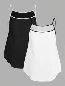 SHEIN EZwear 2pcs/Set Plus Size Basic Solid Color Black & White Contrast Strap Camisole Tops, Summer - Multicolor - View 2