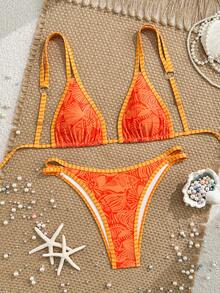 Swim Mod 2pcs/Set Women Summer Beach Vacation Swimsuit, Cute Random Print Triangle Cup Halter Bikini Top And Bottoms - Multicolor - View 1