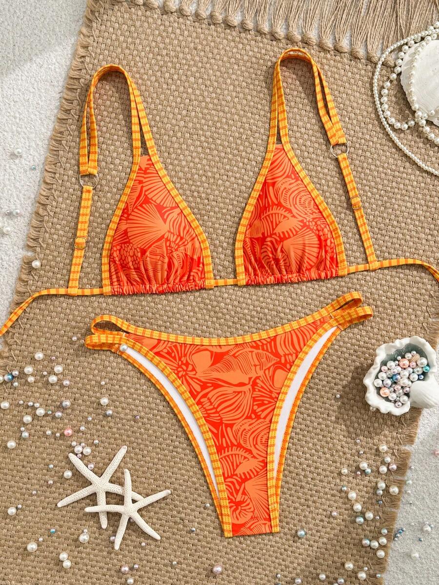 Swim Mod 2pcs/Set Women Summer Beach Vacation Swimsuit, Cute Random Print Triangle Cup Halter Bikini Top And Bottoms - Multicolor - View 1