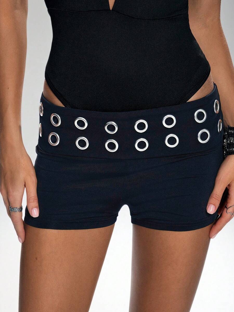 TRNVIE 1件黑色性感朋克风低腰紧身超短休闲短裤，适合夜店派对、街头服饰。 - 藏蓝色 - 查看 1