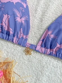 Swim Mod 大码女士热带花卉装饰挂脖比基尼上衣，时尚活力，适合夏季度假 - 淡紫色 - 查看 5