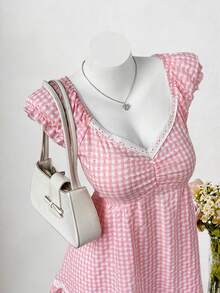 Sweetra Nouvelle robe d'été mode douce à carreaux roses, col en V, patchwork en dentelle, manches courtes - Rose bonbon - Voir 3