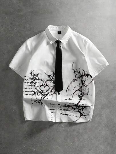 ROMWE MEN 男士哥特印花短袖衬衫