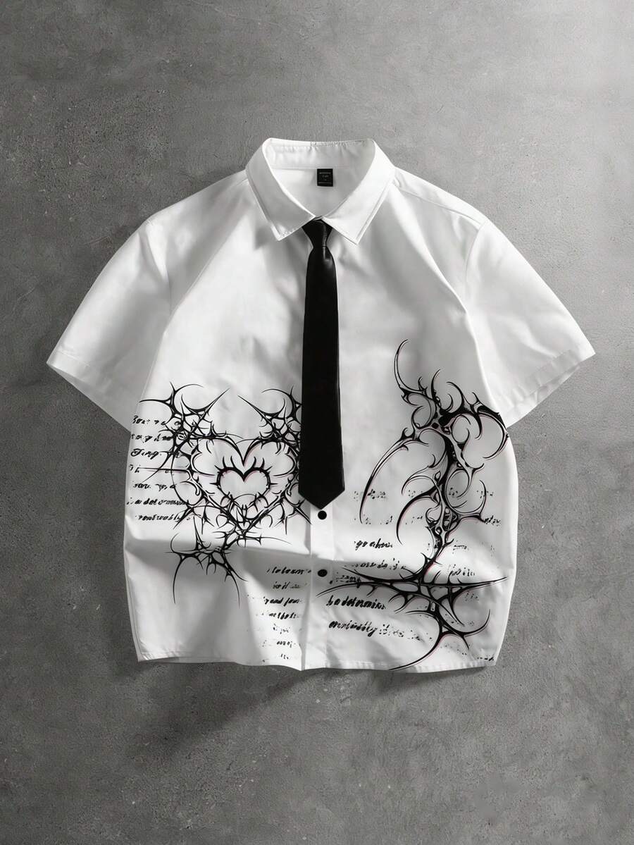 ROMWE MEN 男士哥特印花短袖衬衫 - 白色 - 查看 1