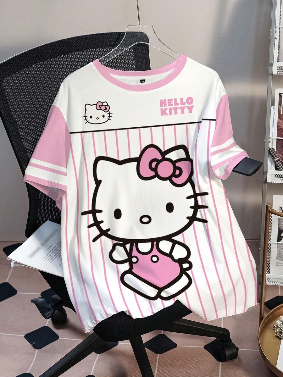 HELLO KITTY AND FRIENDS | SHEIN 大码夏季休闲条纹卡通印花T恤 - 白色 - 查看 1