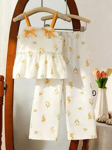 SHEIN 2pcs Young Girls Floral Print Ruffle Strap Top And Elastic Waist Wide Leg Pants Set, Suitable For Casual, Beach, Party, Summer Kids Summer Outfits For Girls Young Girls Clothing Sets Yellow Pajamas Kids Clothes For Girl Spring Clothes For Girls Kids Coords For Girls Girls Spring Clothes - White - View 3