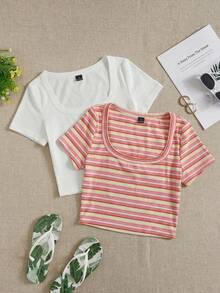 SHEIN EZwear 2 piezas Camiseta de mujer de manga corta con cuello de pico y rayas de contraste, para uso casual y de oficina - Multicolor - Ver 11
