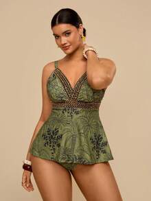 Travachic Bộ bikini cỡ lớn dành cho nữ, họa tiết cây nhiệt đới màu xanh lá cây, áo bơi hai dây cổ chữ V phối màu vàng, cạp chun co giãn. - màu xanh lá - Xem 3