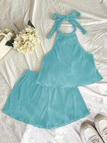 Elamini Bộ đồ nữ trơn màu gồm áo tank top cổ yếm và quần short cạp chun, kiểu dáng thường ngày. - Màu xanh bạc hà - Xem 3