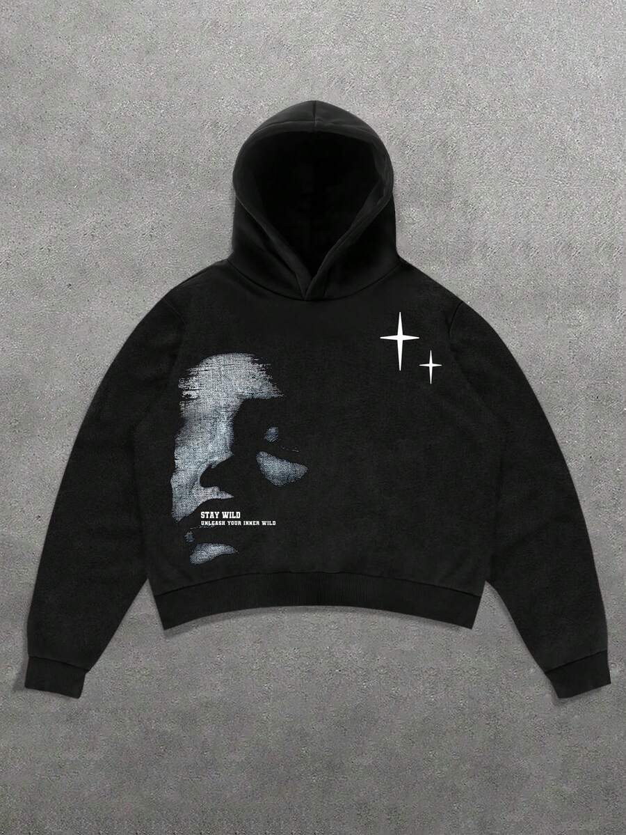 GENIUS ODE Manfinity Streetrush Men's Face & Letter Print Hoodie, Casual Minimalist Graphic Streetwear Pullover Sweatshirt, Black Grunge Hoodie, Goth, Fall/Winter, Long Sleeve Top, Y2K - Black - View 1