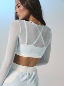Aralina Áo croptop hai lớp dáng ngắn, dây chéo lưng, chất liệu lưới, tay dài, thích hợp cho tập gym, pilates, yoga. - Xanh và trắng - Xem 2